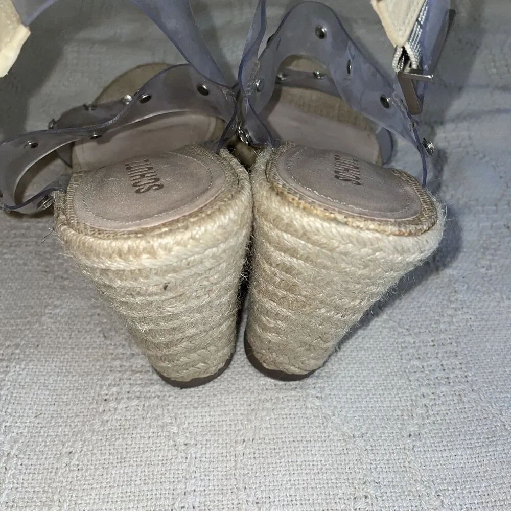 Schutz Women’s Wedge Espadrilles Size 9.5 B Clear Straps Jute Beach Cruise Fun